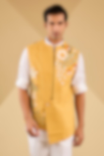 Mustard Matka Silk Applique Work Asymmetric Bundi Jacket by Sahil Kochhar Men