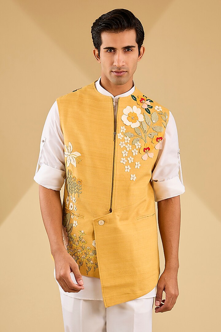 Mustard Matka Silk Applique Work Asymmetric Bundi Jacket by Sahil Kochhar Men