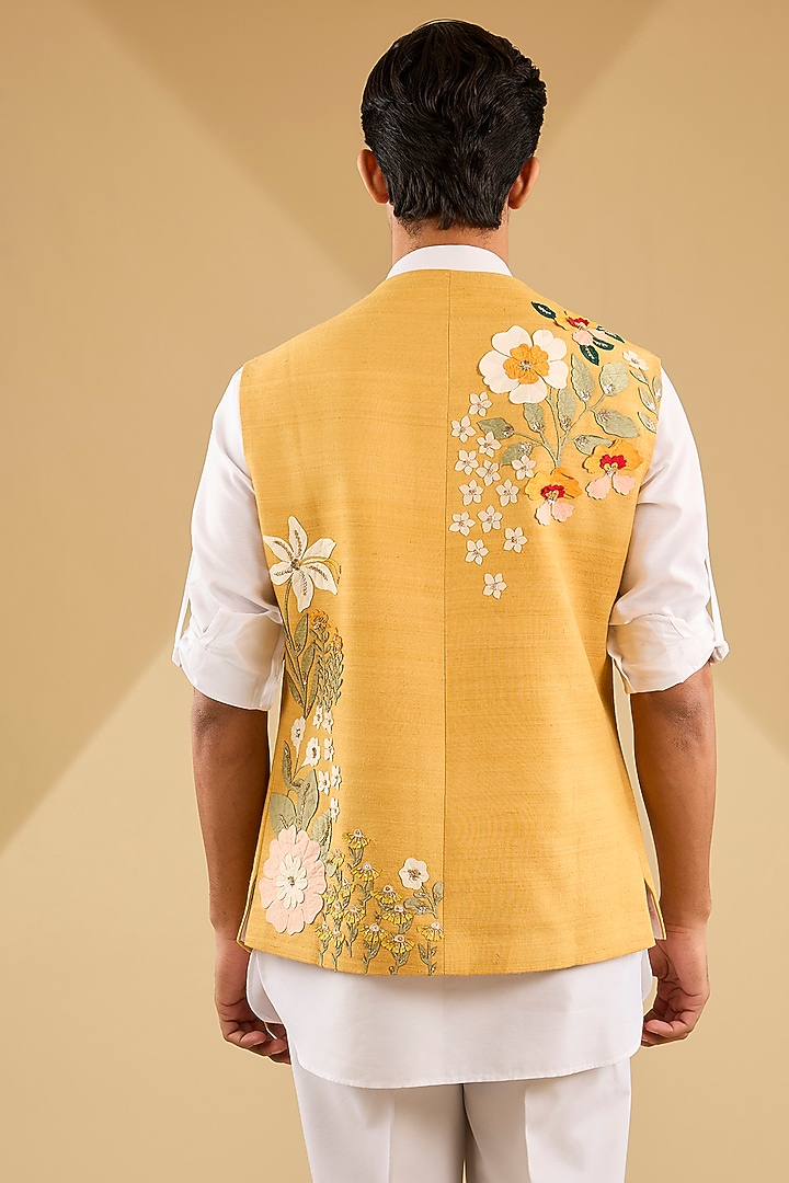 Mustard Matka Silk Applique Work Asymmetric Bundi Jacket by Sahil Kochhar Men at Pernia's Pop Up Shop