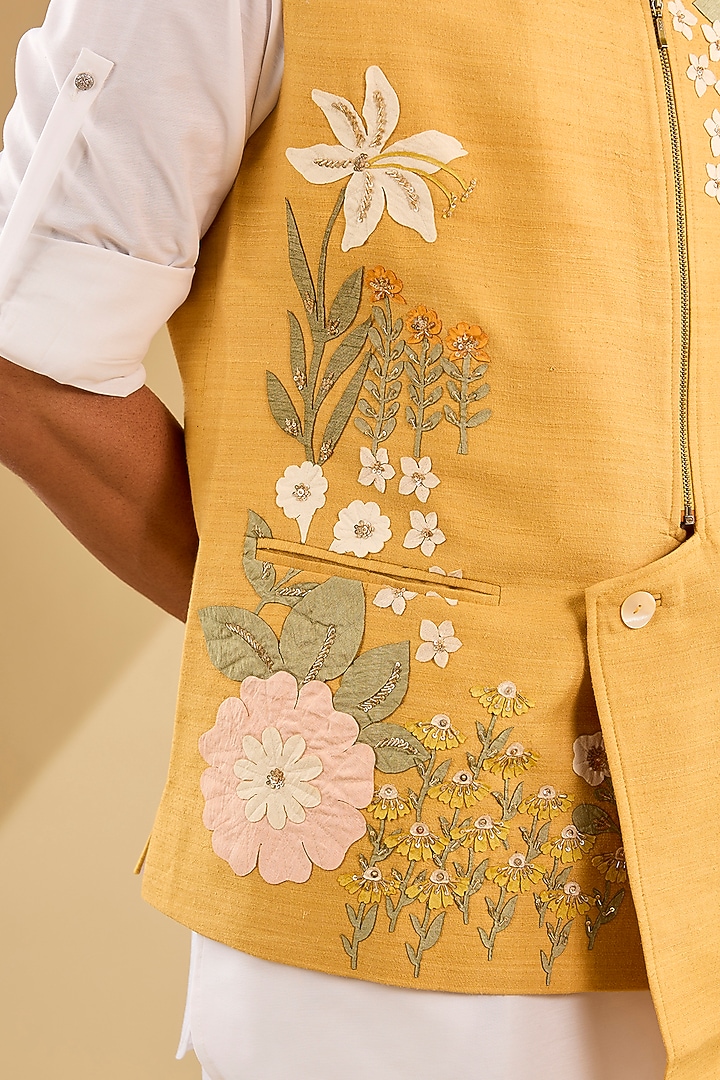 Mustard Matka Silk Applique Work Asymmetric Bundi Jacket by Sahil Kochhar Men at Pernia's Pop Up Shop