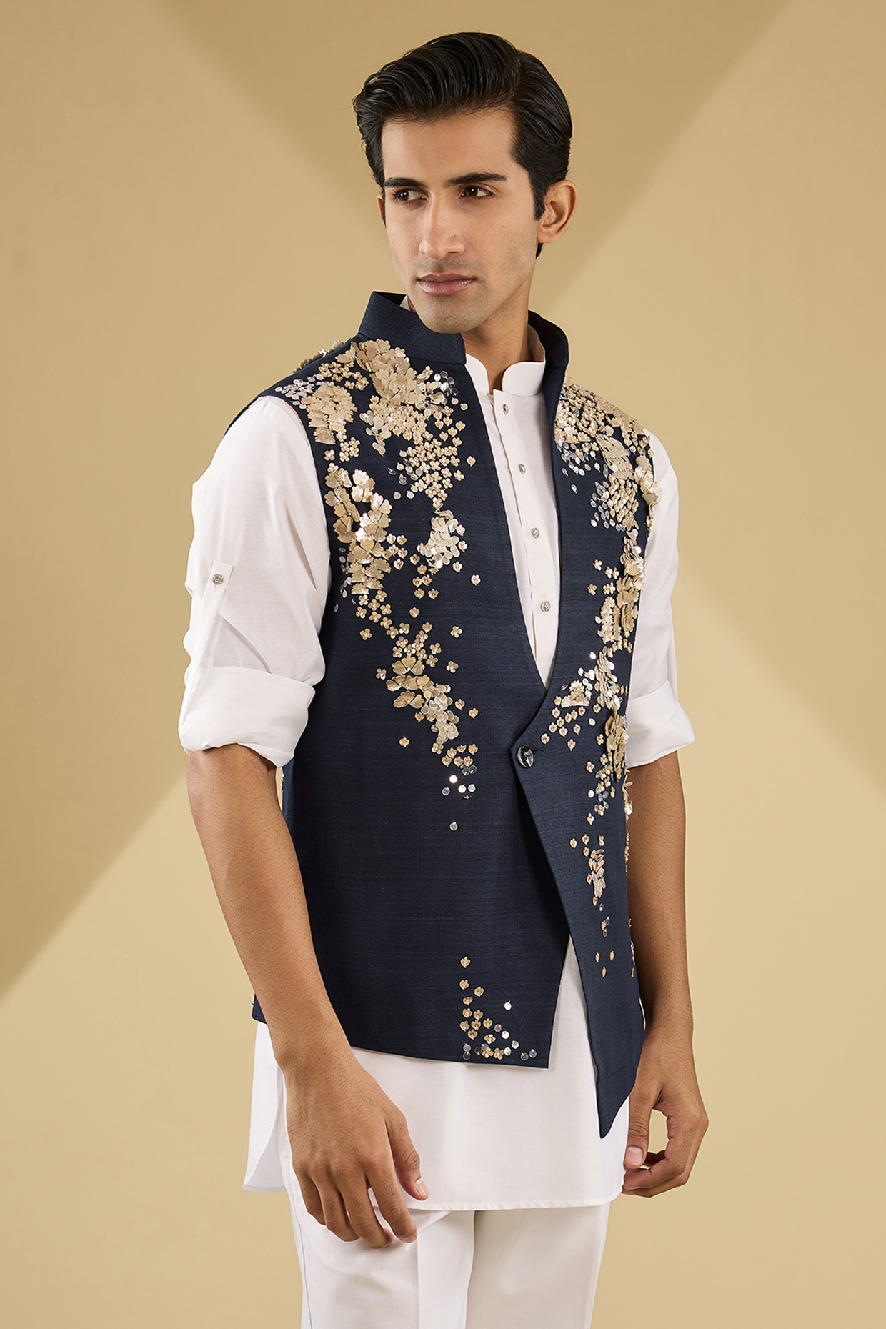 Navy Blue Matka Silk Hand Embroidered Bundi Jacket by Sahil Kochhar Men