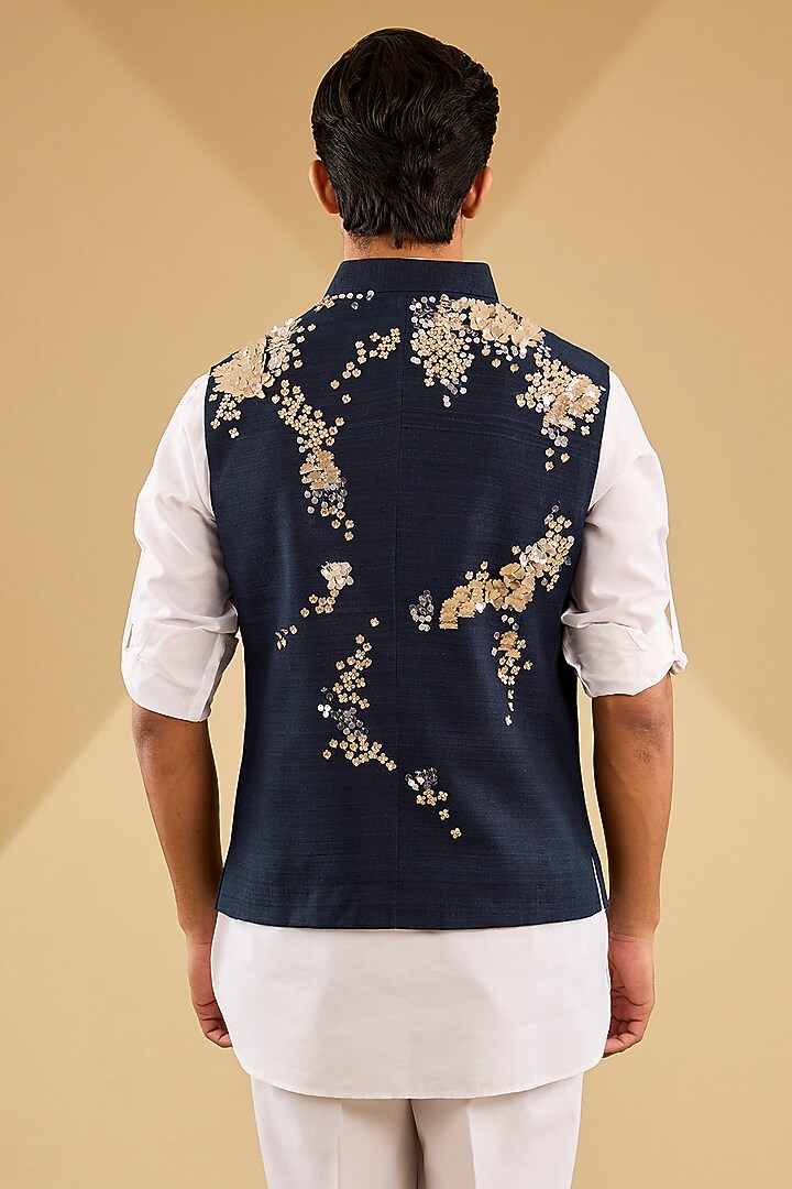 Navy Blue Matka Silk Hand Embroidered Bundi Jacket by Sahil Kochhar Men at Pernia's Pop Up Shop