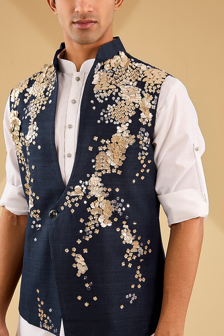 Navy Blue Matka Silk Hand Embroidered Bundi Jacket by Sahil Kochhar Men at Pernia's Pop Up Shop
