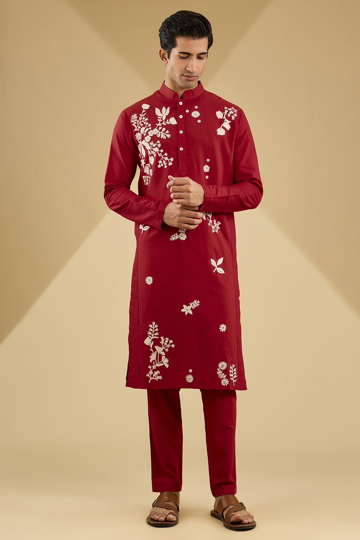 Red Katan Silk Hand Embroidered Kurta Set by Sahil Kochhar Men