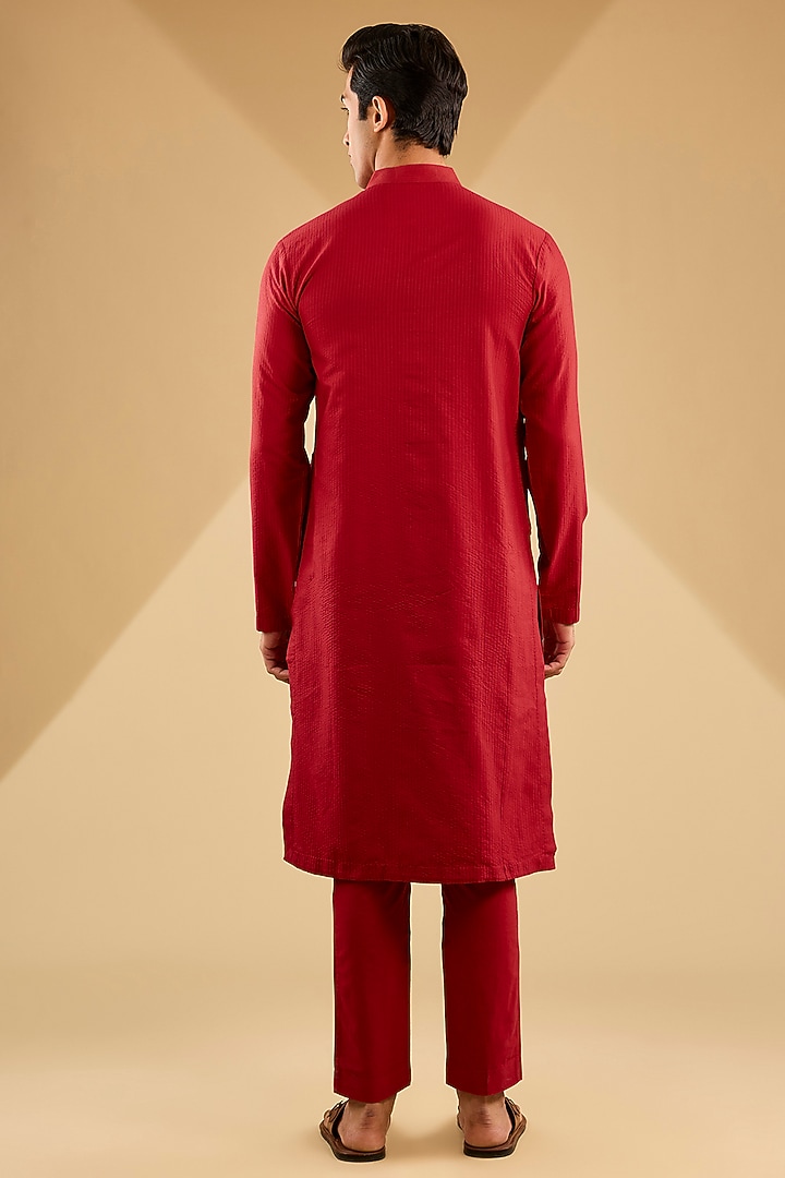 Red Katan Silk Hand Embroidered Kurta Set by Sahil Kochhar Men at Pernia's Pop Up Shop