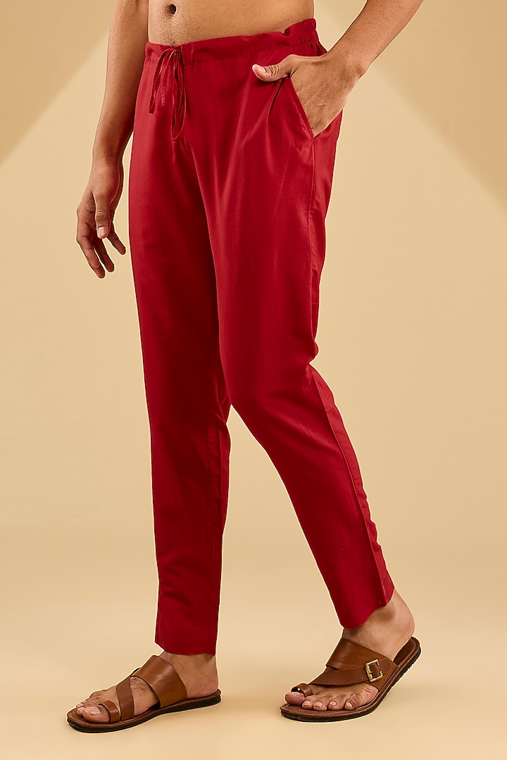 Red Katan Silk Hand Embroidered Kurta Set by Sahil Kochhar Men at Pernia's Pop Up Shop