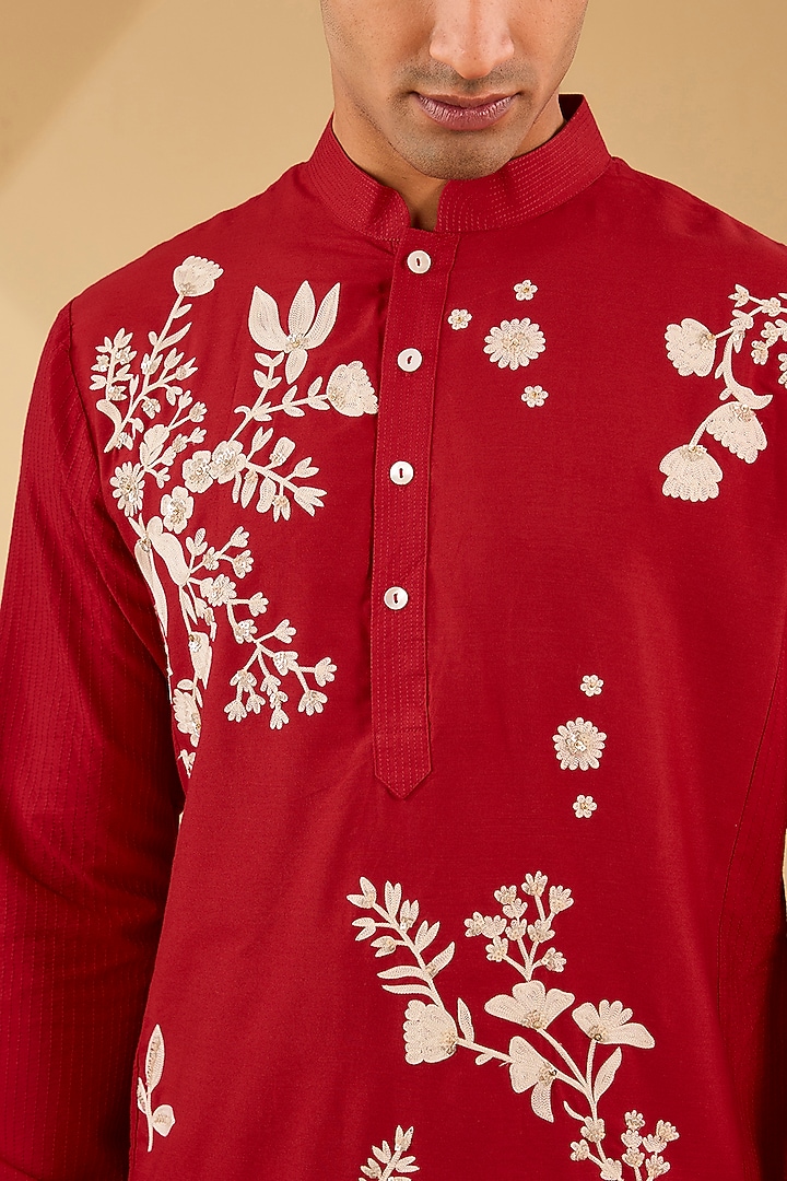 Red Katan Silk Hand Embroidered Kurta Set by Sahil Kochhar Men at Pernia's Pop Up Shop