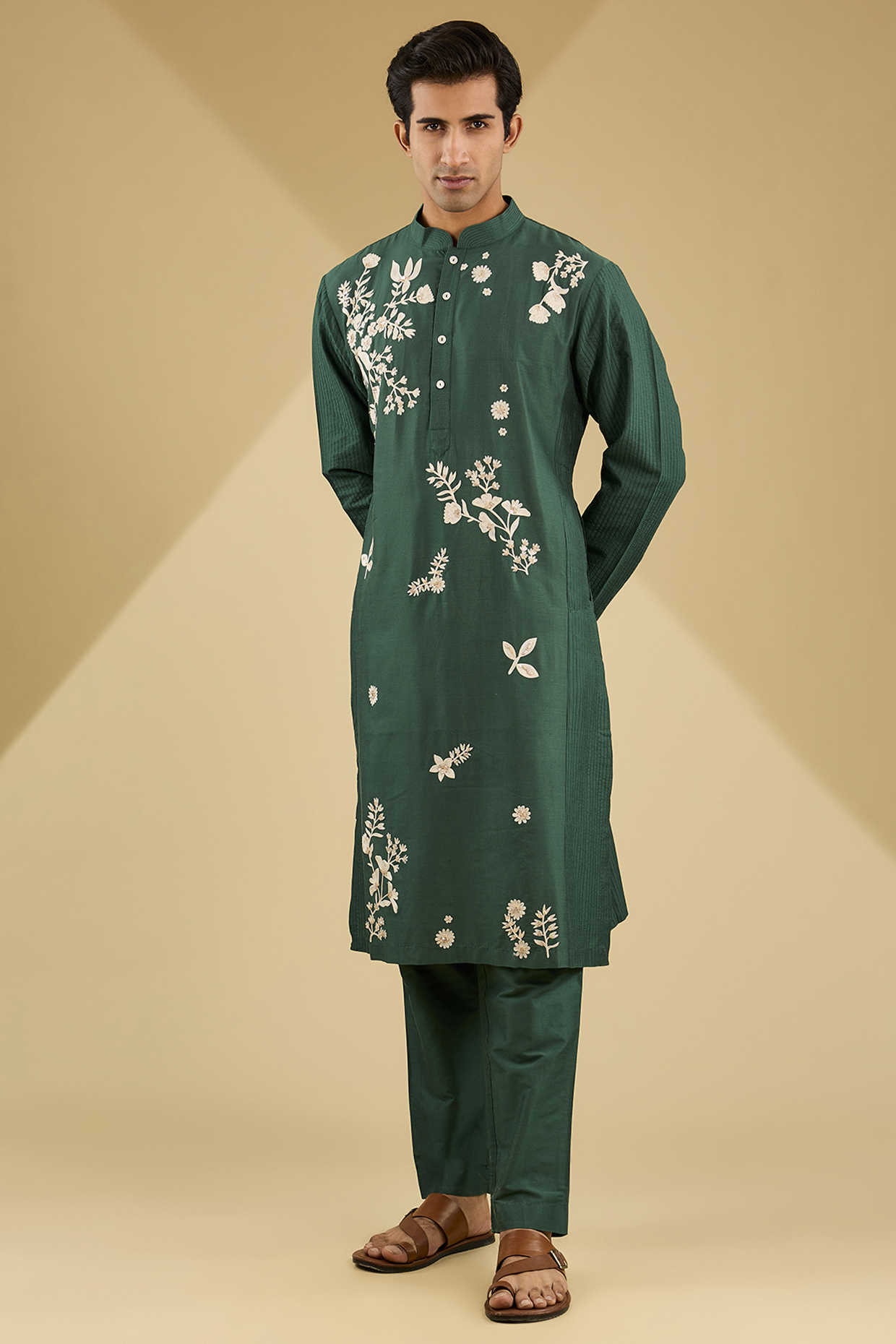 Bottle Green Katan Silk Hand Embroidered Kurta Set by Sahil Kochhar Men