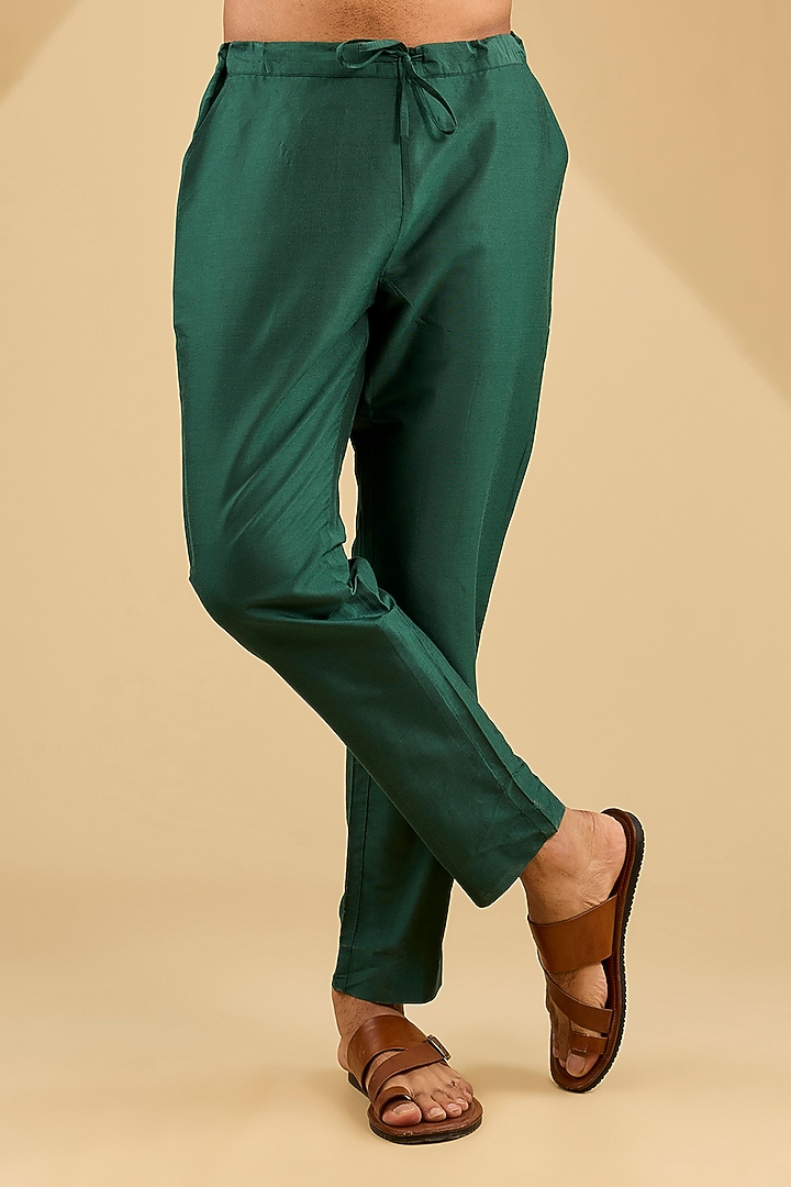 Bottle Green Katan Silk Hand Embroidered Kurta Set by Sahil Kochhar Men at Pernia's Pop Up Shop