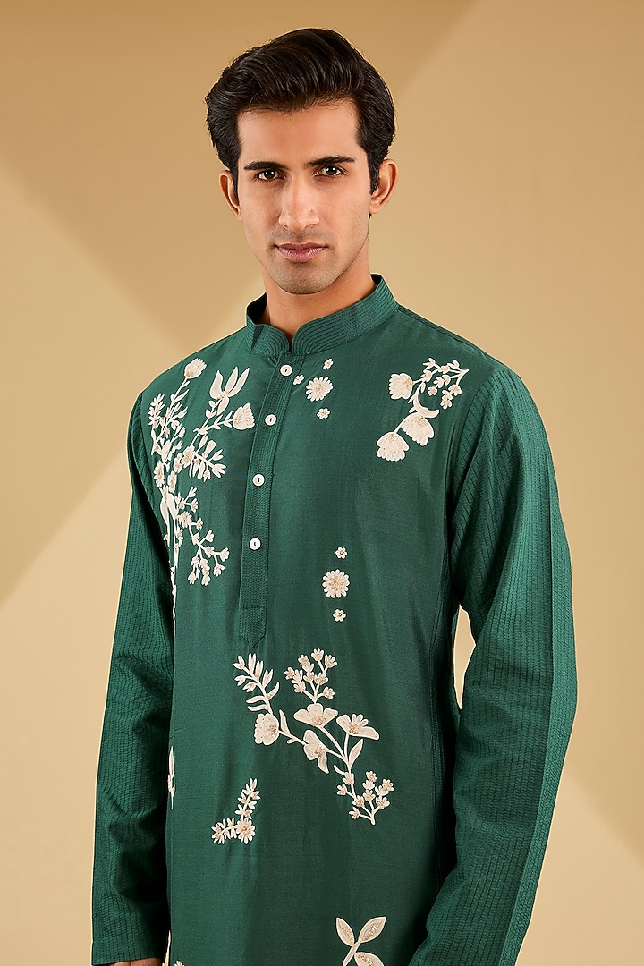 Bottle Green Katan Silk Hand Embroidered Kurta Set by Sahil Kochhar Men at Pernia's Pop Up Shop