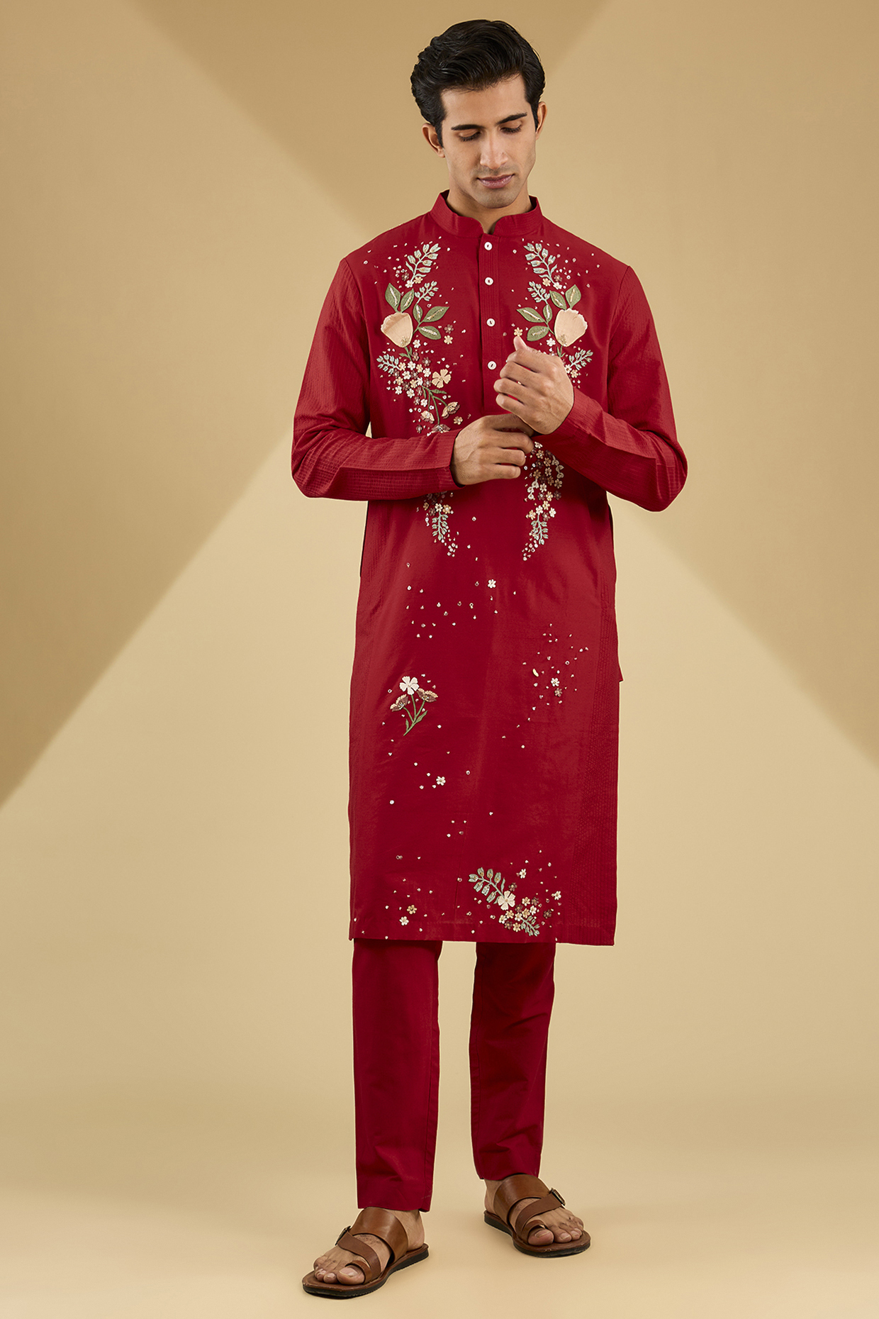 Red Katan Silk Hand Embroidered Kurta Set by Sahil Kochhar Men