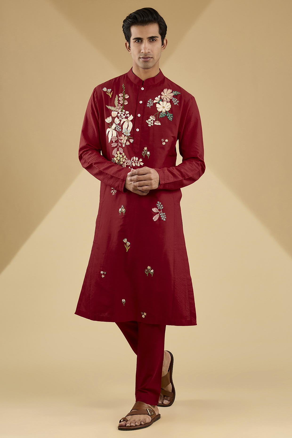 Red Katan Silk Hand Embroidered Kurta Set by Sahil Kochhar Men