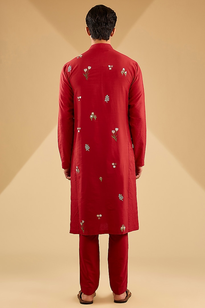 Red Katan Silk Hand Embroidered Kurta Set by Sahil Kochhar Men at Pernia's Pop Up Shop