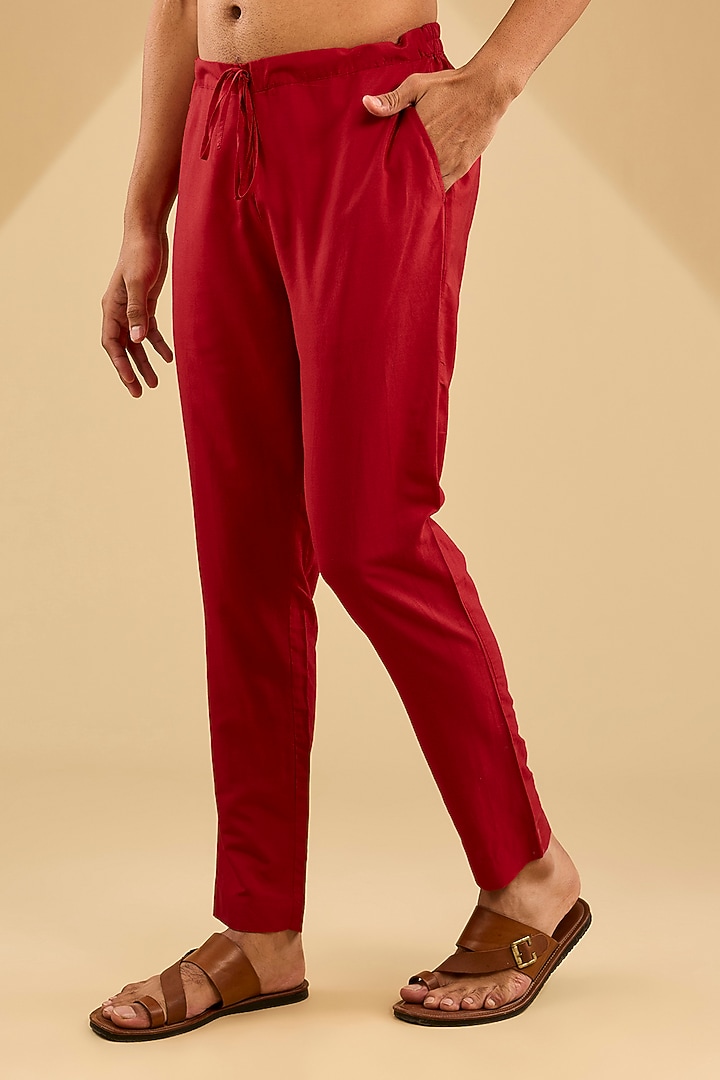 Red Katan Silk Hand Embroidered Kurta Set by Sahil Kochhar Men at Pernia's Pop Up Shop