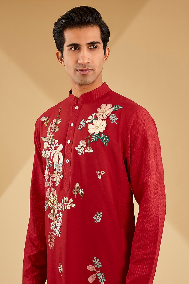 Red Katan Silk Hand Embroidered Kurta Set by Sahil Kochhar Men at Pernia's Pop Up Shop