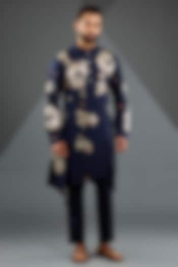 Navy Blue Katan Silk Laser-Cut Embroidered Kurta Set by Sahil Kochhar Men at Pernia's Pop Up Shop
