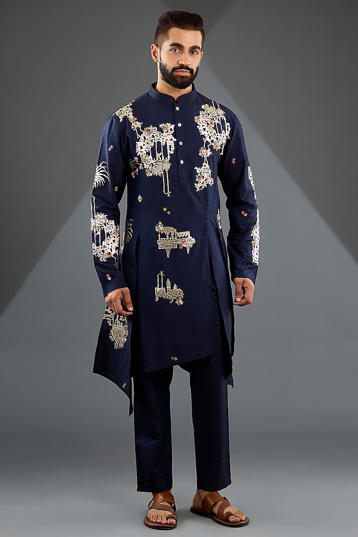 Navy Blue Katan Silk Laser-Cut Embroidered Kurta Set by Sahil Kochhar Men at Pernia's Pop Up Shop