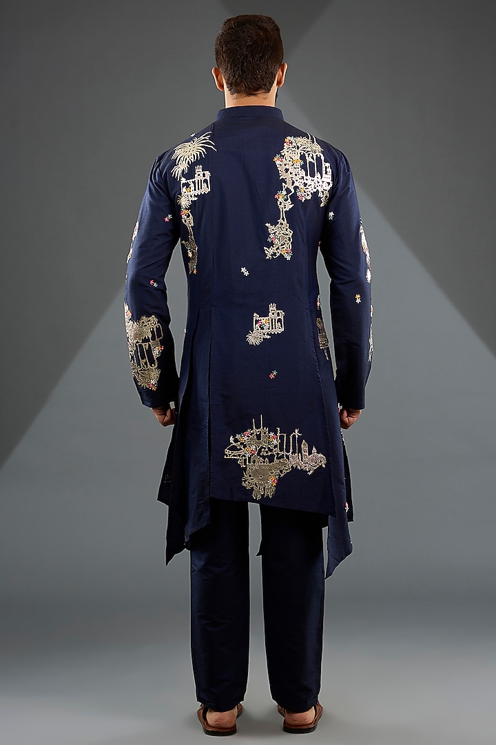 Navy Blue Katan Silk Laser-Cut Embroidered Kurta Set by Sahil Kochhar Men at Pernia's Pop Up Shop