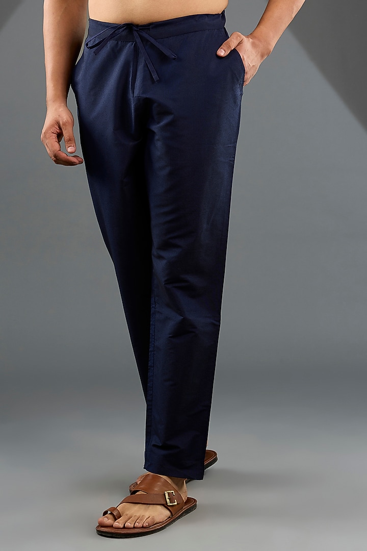 Navy Blue Katan Silk Laser-Cut Embroidered Kurta Set by Sahil Kochhar Men at Pernia's Pop Up Shop