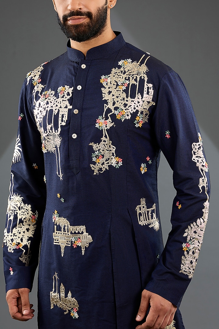 Navy Blue Katan Silk Laser-Cut Embroidered Kurta Set by Sahil Kochhar Men at Pernia's Pop Up Shop