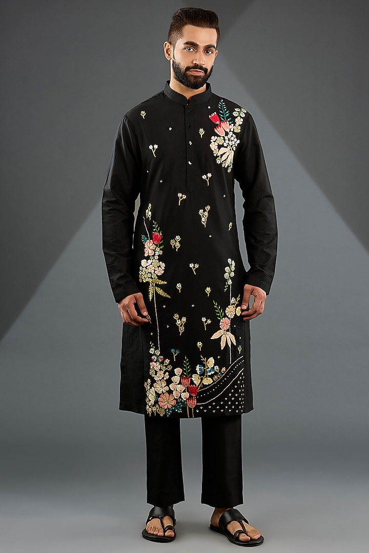 Black Katan Silk Laser-Cut Embroidered Kurta Set by Sahil Kochhar Men at Pernia's Pop Up Shop