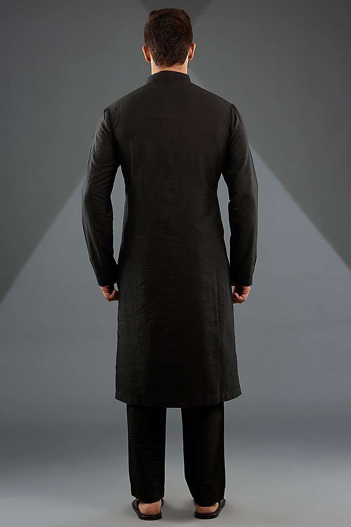 Black Katan Silk Laser-Cut Embroidered Kurta Set by Sahil Kochhar Men at Pernia's Pop Up Shop
