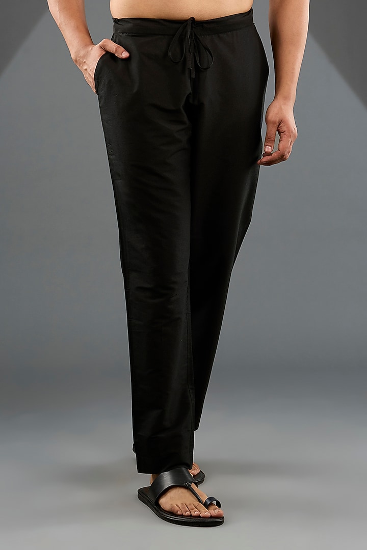 Black Katan Silk Laser-Cut Embroidered Kurta Set by Sahil Kochhar Men at Pernia's Pop Up Shop