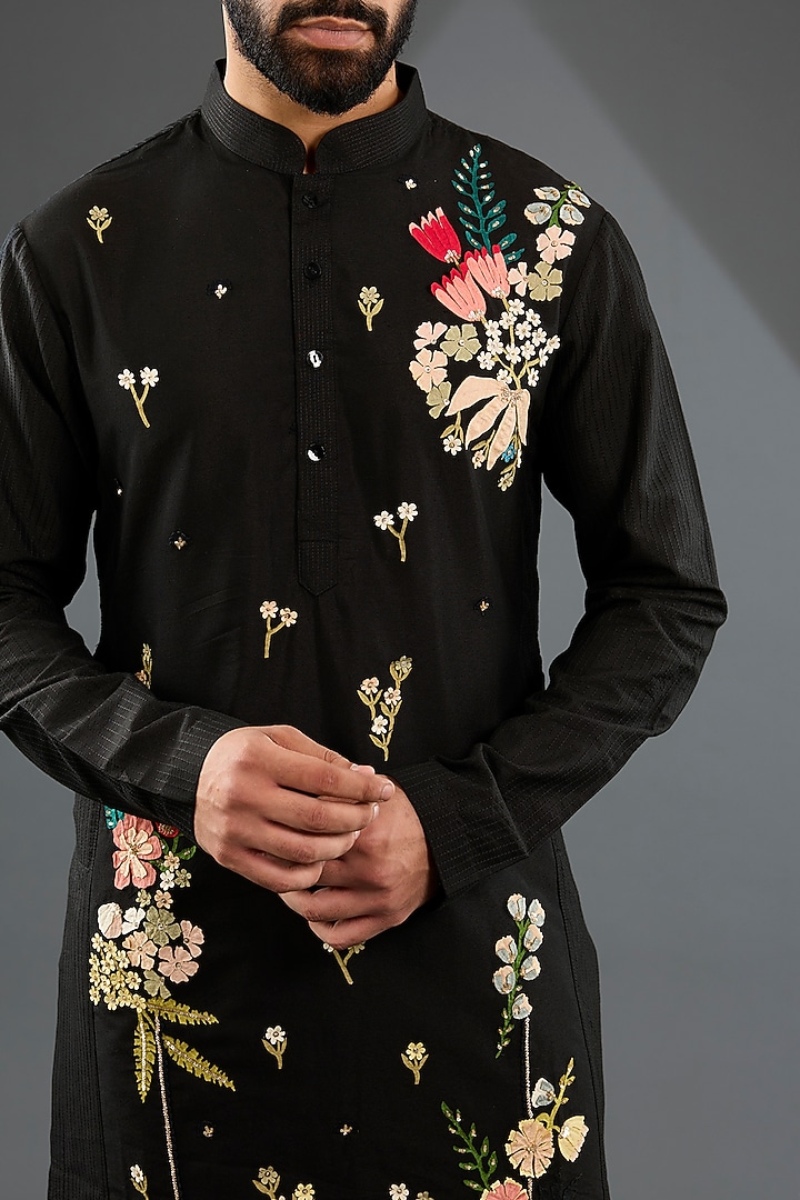 Black Katan Silk Laser-Cut Embroidered Kurta Set by Sahil Kochhar Men at Pernia's Pop Up Shop