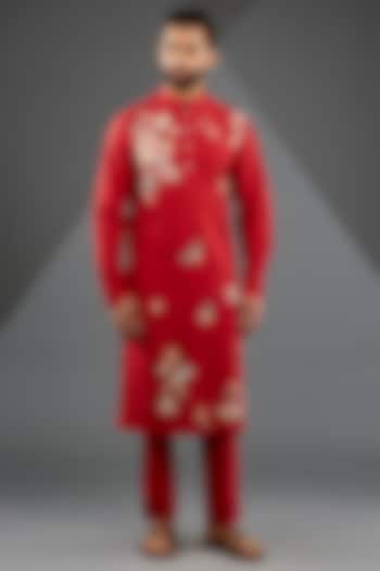 Red Katan Silk Laser-Cut Embroidered Kurta Set by Sahil Kochhar Men