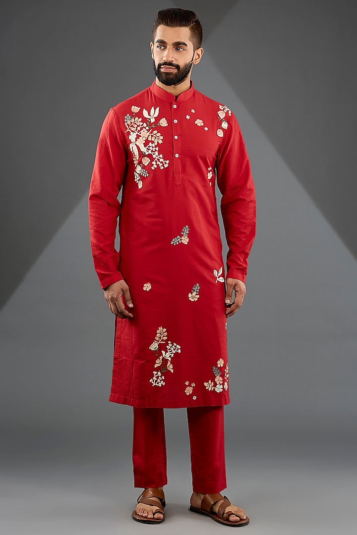 Red Katan Silk Laser-Cut Embroidered Kurta Set by Sahil Kochhar Men
