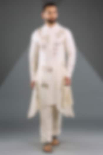 Ivory Katan Silk Laser-Cut Embroidered Kurta Set by Sahil Kochhar Men