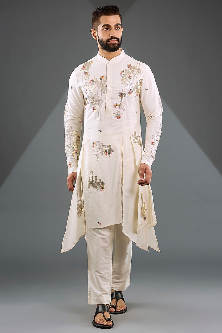 Ivory Katan Silk Laser-Cut Embroidered Kurta Set by Sahil Kochhar Men