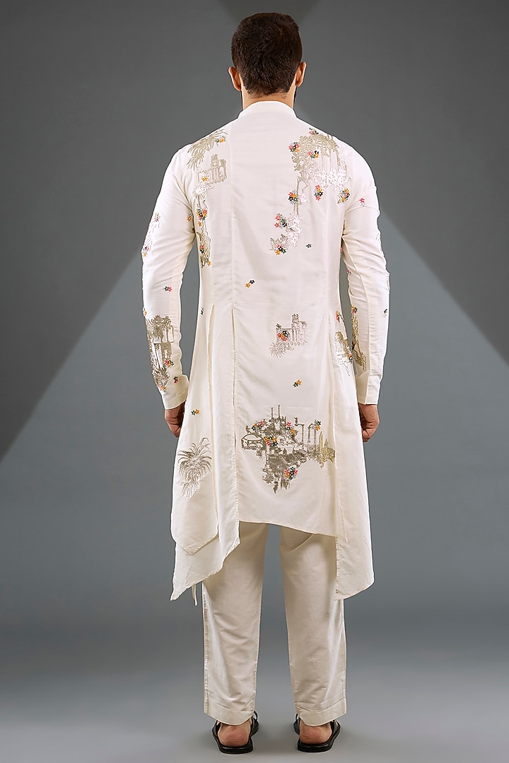 Ivory Katan Silk Laser-Cut Embroidered Kurta Set by Sahil Kochhar Men at Pernia's Pop Up Shop