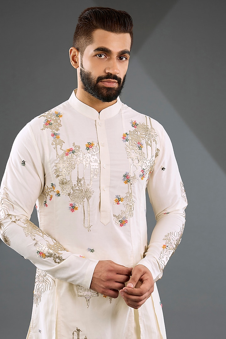 Ivory Katan Silk Laser-Cut Embroidered Kurta Set by Sahil Kochhar Men at Pernia's Pop Up Shop