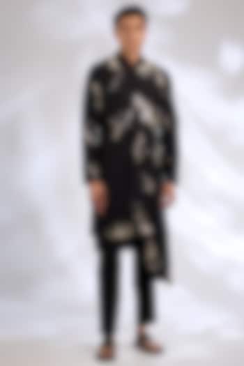 Black Katan Silk Hand Embroidered Kurta Set by Sahil Kochhar Men