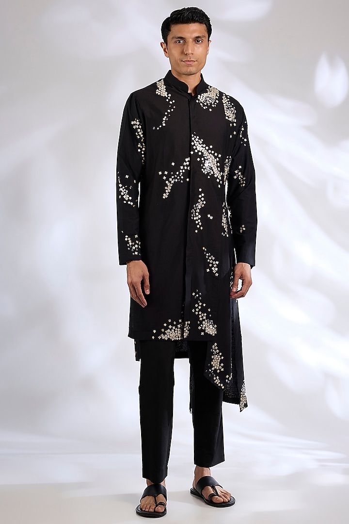 Black Katan Silk Hand Embroidered Kurta Set by Sahil Kochhar Men