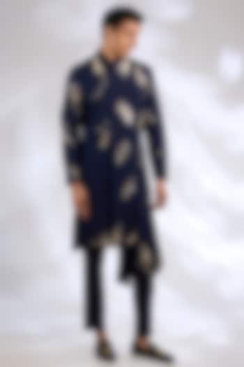 Navy Blue Katan Silk Hand Embroidered Kurta Set by Sahil Kochhar Men