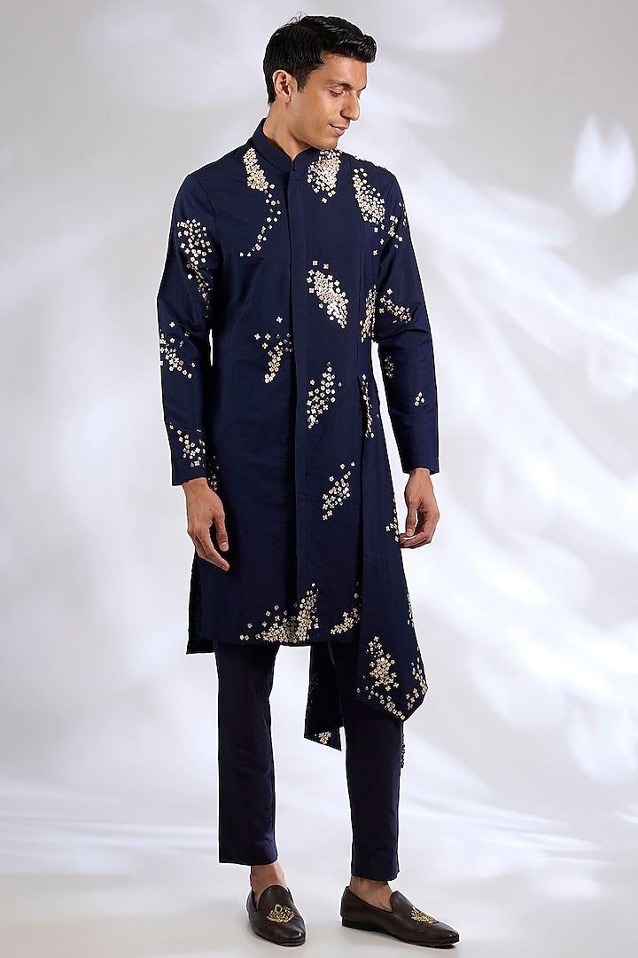 Navy Blue Katan Silk Hand Embroidered Kurta Set by Sahil Kochhar Men