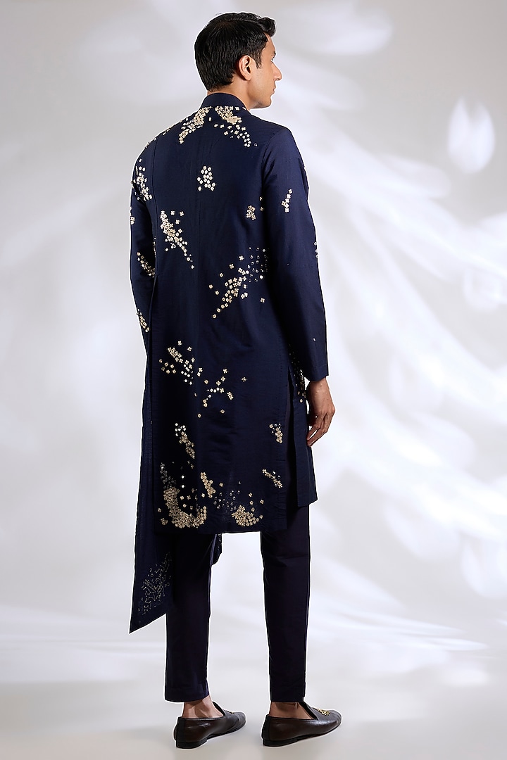 Navy Blue Katan Silk Hand Embroidered Kurta Set by Sahil Kochhar Men at Pernia's Pop Up Shop