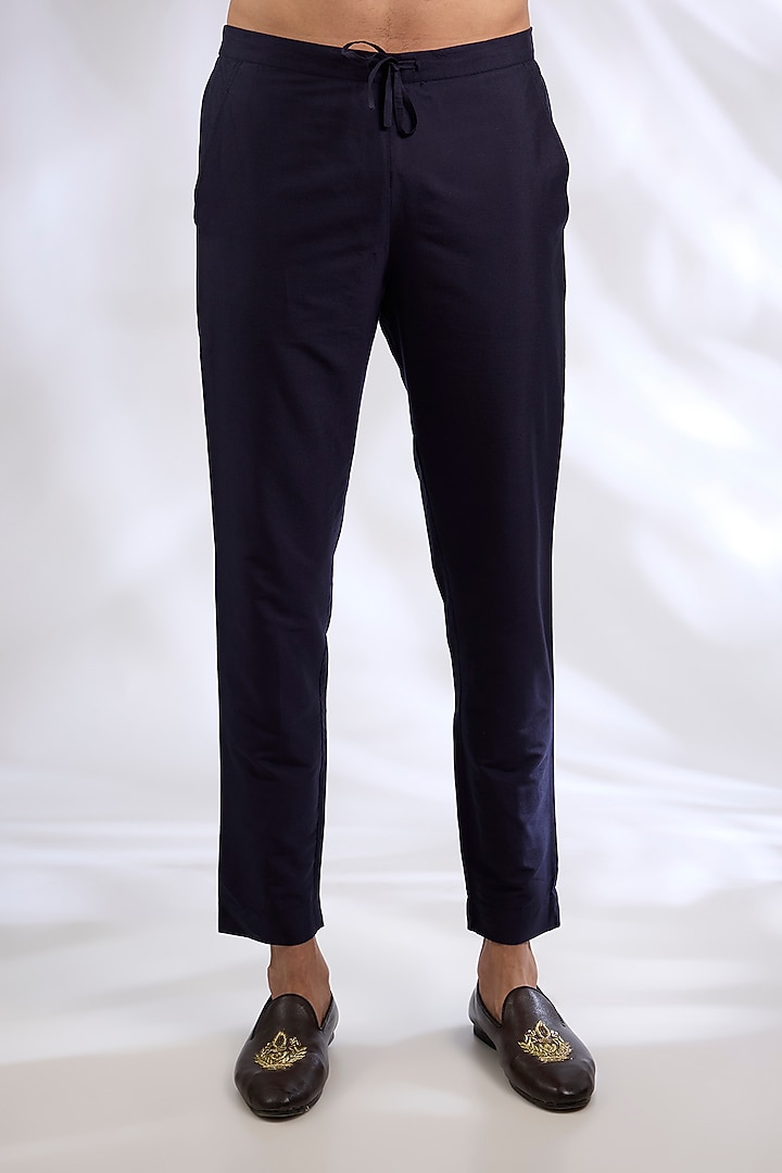 Navy Blue Katan Silk Hand Embroidered Kurta Set by Sahil Kochhar Men at Pernia's Pop Up Shop