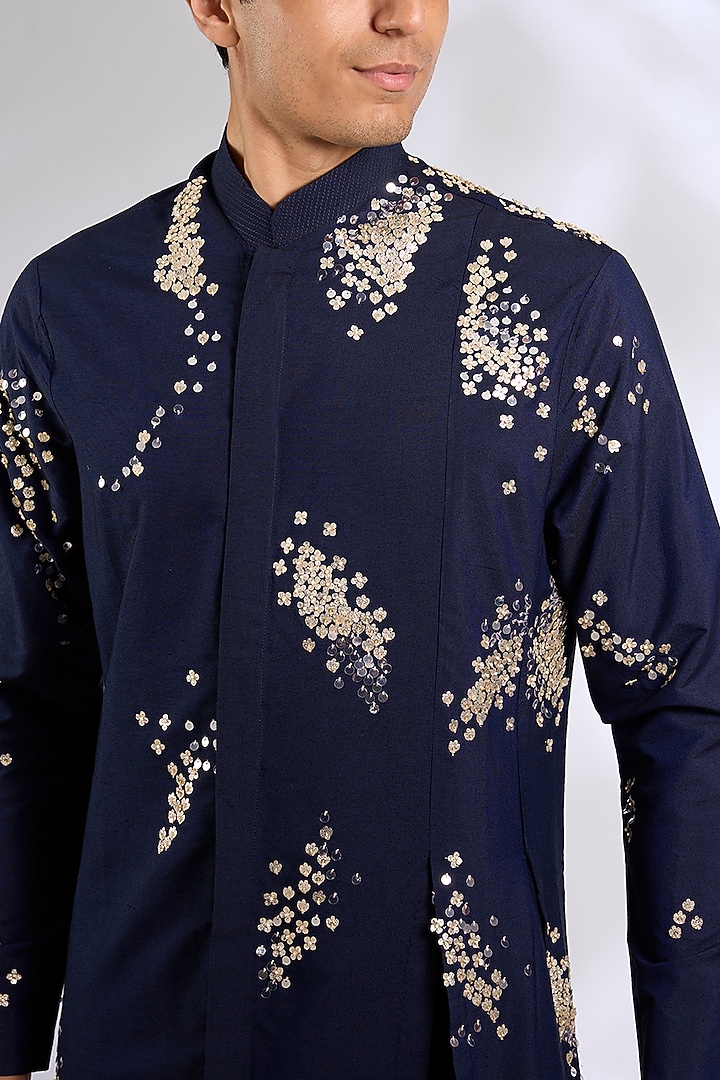 Navy Blue Katan Silk Hand Embroidered Kurta Set by Sahil Kochhar Men at Pernia's Pop Up Shop