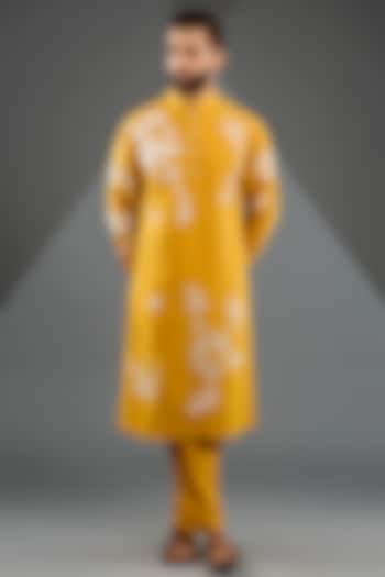 Mustard Katan Silk Laser-Cut Embroidered Kurta Set by Sahil Kochhar Men