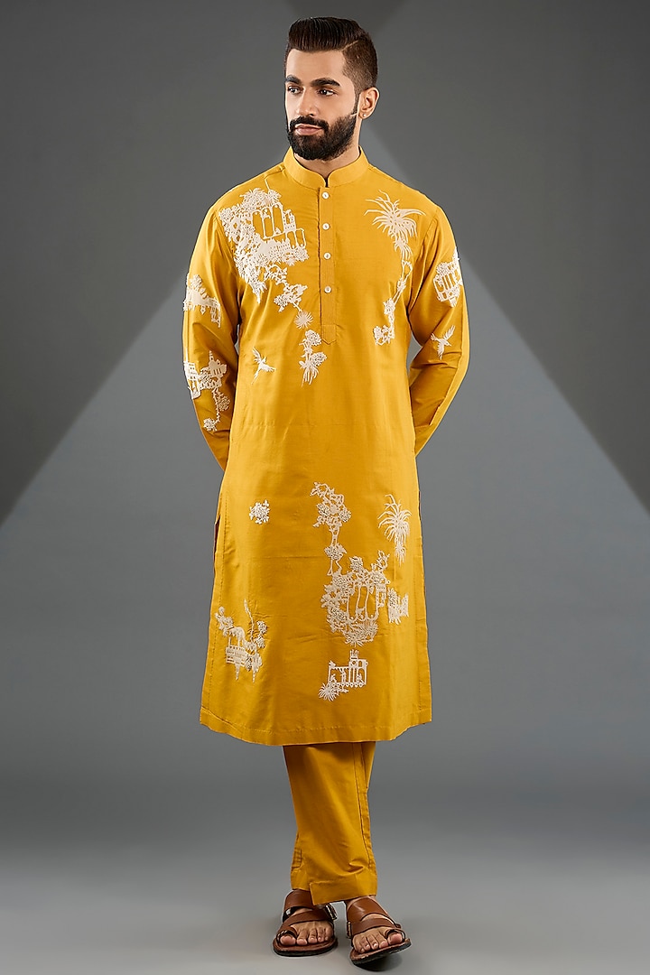Mustard Katan Silk Laser-Cut Embroidered Kurta Set by Sahil Kochhar Men