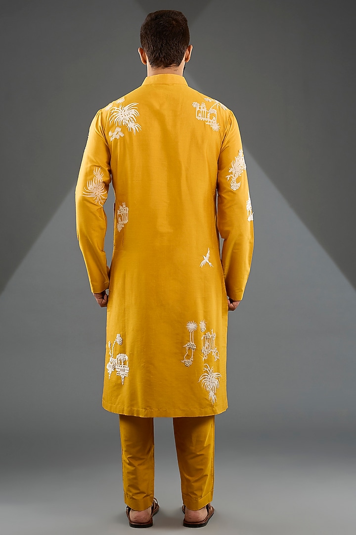 Mustard Katan Silk Laser-Cut Embroidered Kurta Set by Sahil Kochhar Men at Pernia's Pop Up Shop
