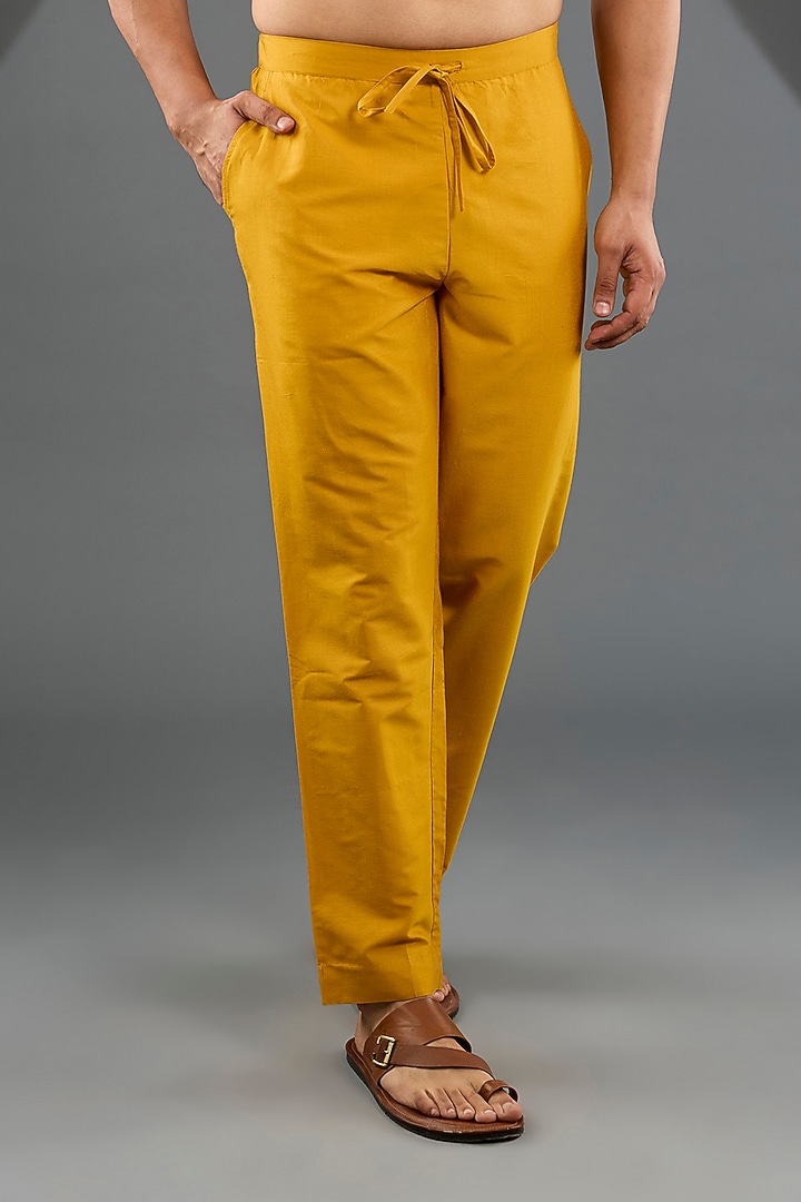 Mustard Katan Silk Laser-Cut Embroidered Kurta Set by Sahil Kochhar Men at Pernia's Pop Up Shop