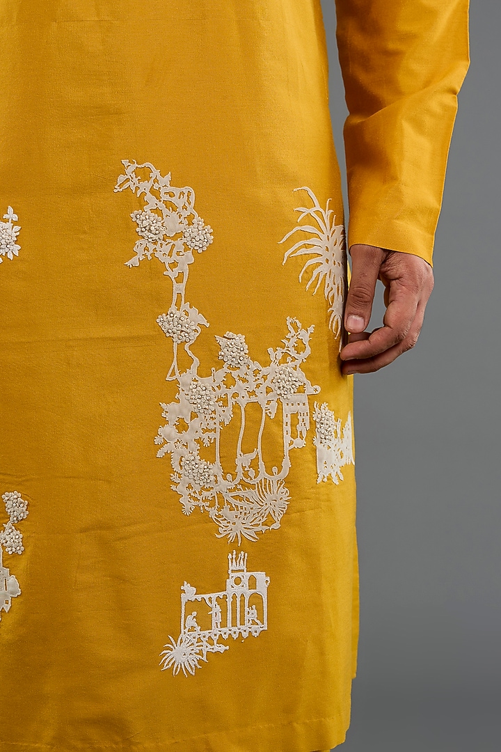 Mustard Katan Silk Laser-Cut Embroidered Kurta Set by Sahil Kochhar Men at Pernia's Pop Up Shop