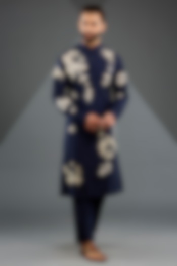 Navy Blue Katan Silk Laser-Cut Embroidered Kurta Set by Sahil Kochhar Men at Pernia's Pop Up Shop