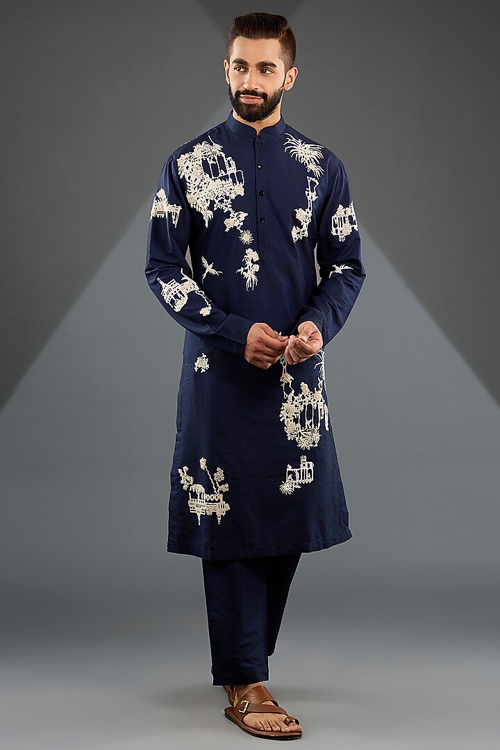 Navy Blue Katan Silk Laser-Cut Embroidered Kurta Set by Sahil Kochhar Men at Pernia's Pop Up Shop