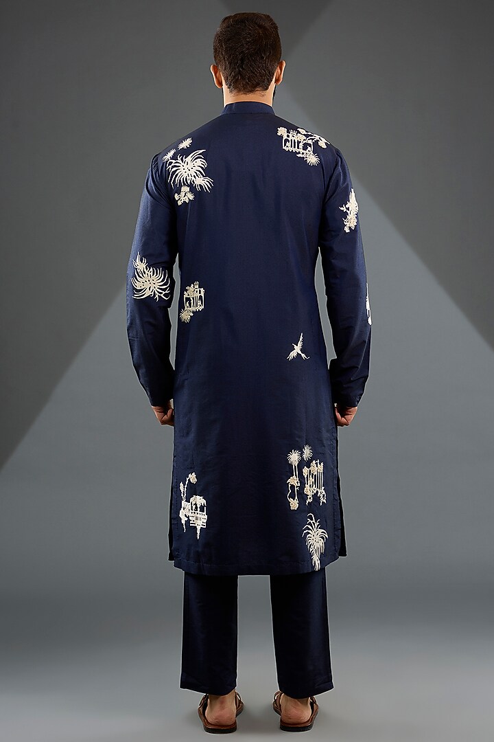 Navy Blue Katan Silk Laser-Cut Embroidered Kurta Set by Sahil Kochhar Men at Pernia's Pop Up Shop