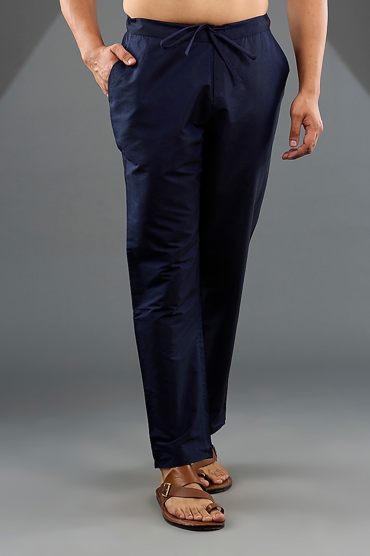 Navy Blue Katan Silk Laser-Cut Embroidered Kurta Set by Sahil Kochhar Men at Pernia's Pop Up Shop